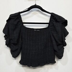 Do+Be Milkmaid Crop Top Large Black Plaid Puff Sleeve Smocked Romantic Poetcore
